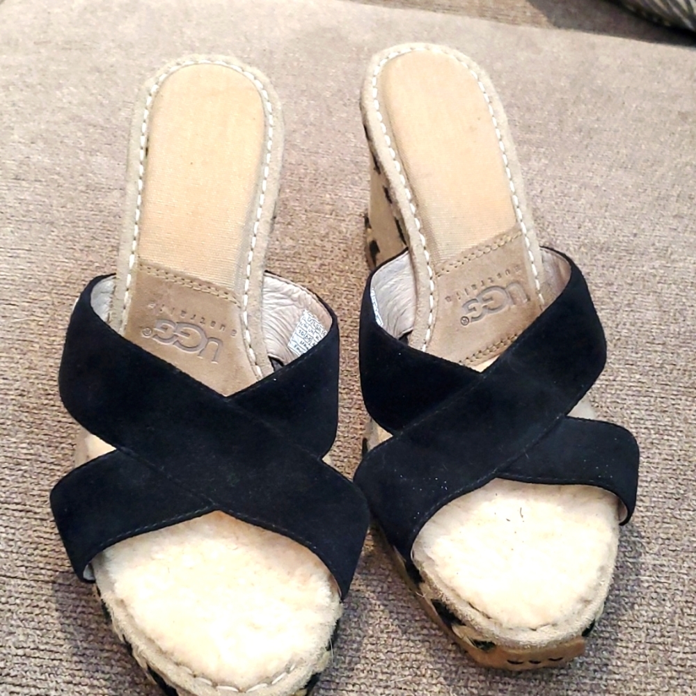 Ugg black suede wedges, fur lined. Size 10